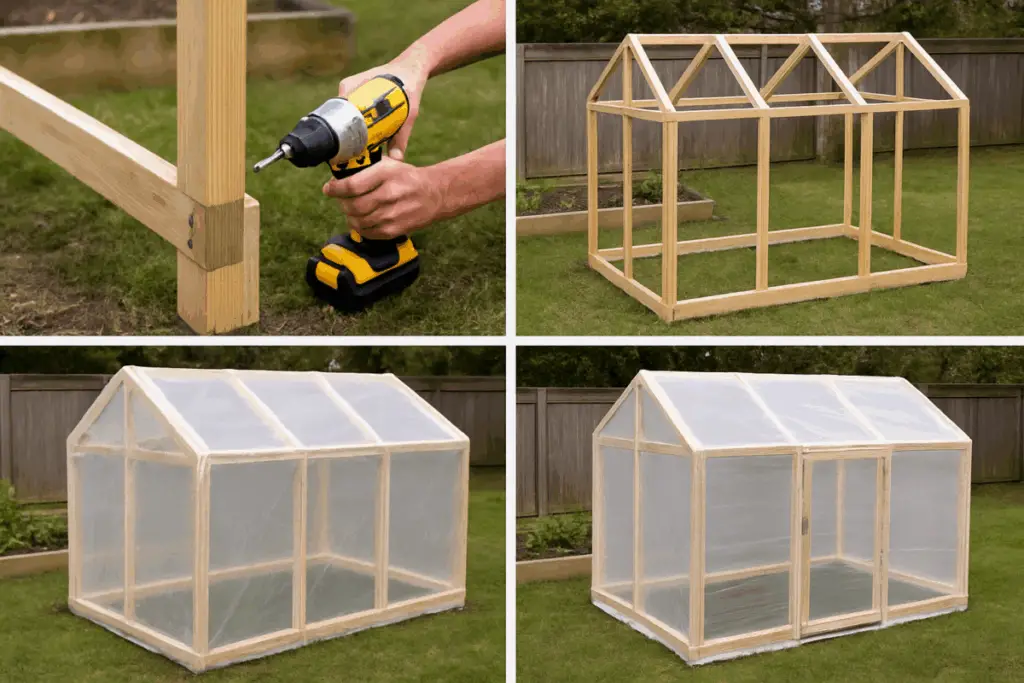 DIY greenhouse construction stages from frame build to completed structure