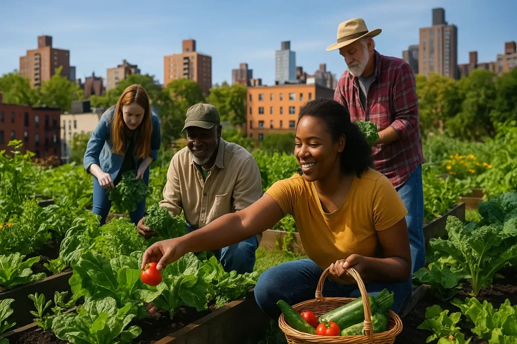 Community members harvesting vegetables in a raised urban garden with a city skyline in the background.