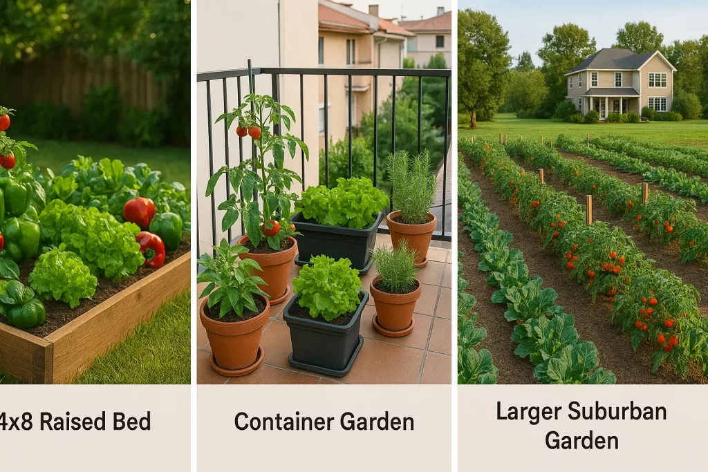 Three side-by-side garden types: a 4x8 raised bed, a container garden on an apartment balcony, and a large suburban garden with rows of vegetables.