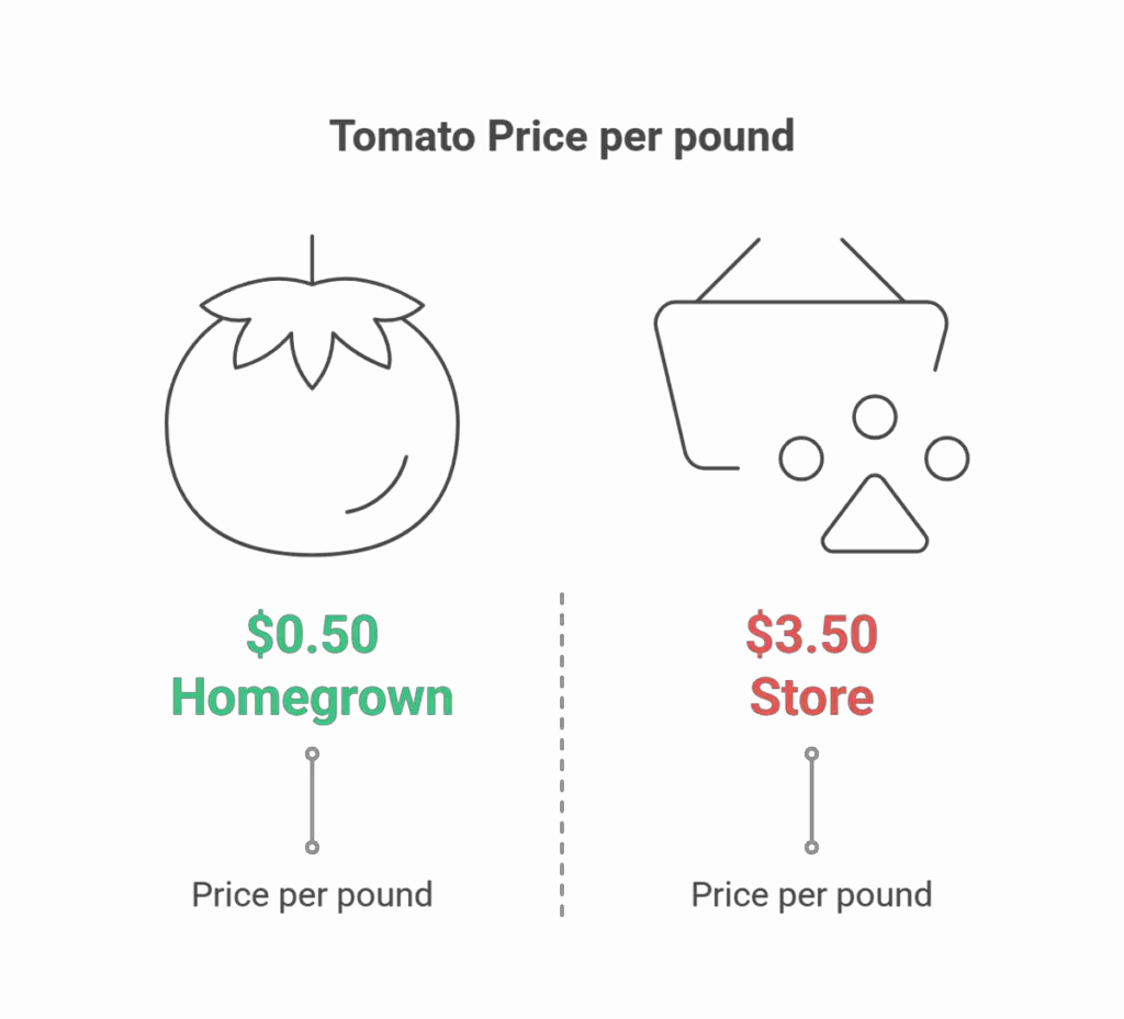 A price comparison chart showing tomato costs: $0.50 per pound for homegrown versus $3.50 per pound from the store.